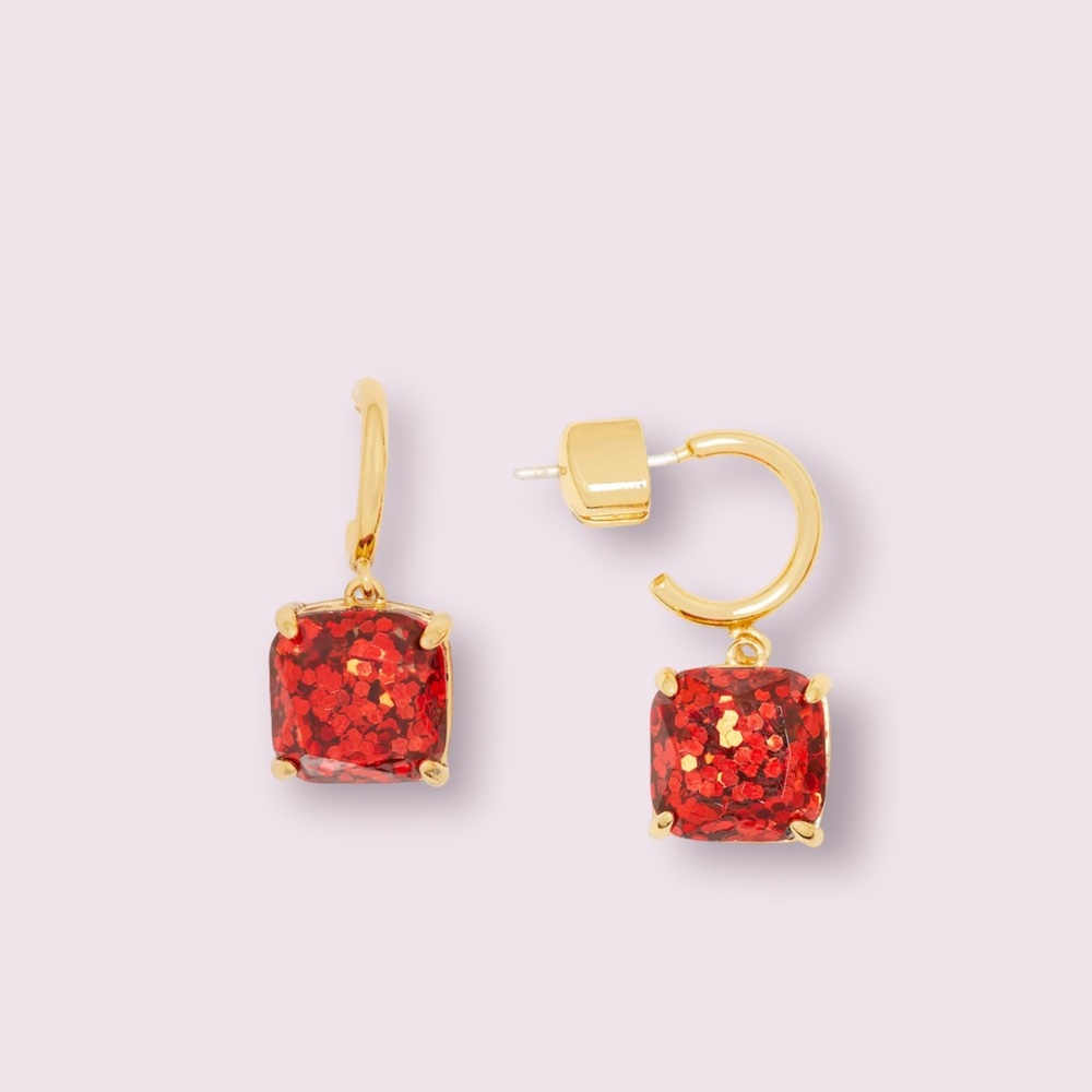 Kate Spade Red Mini Square Glitter Stone Charm Huggie Hoop Earrings